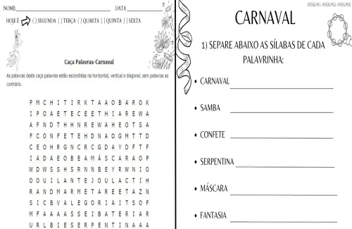 atividade caça palavras de carnaval 